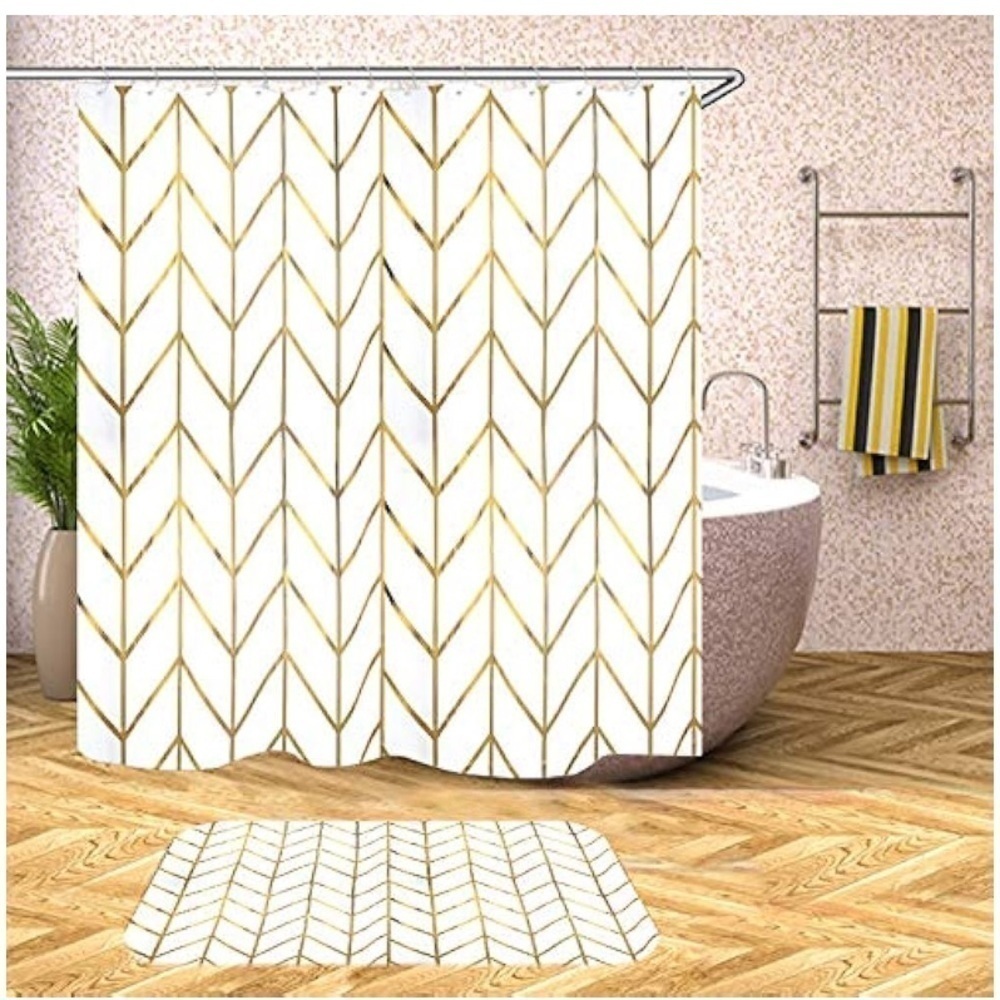 Gold chevron Shower Curtain with Geometric Pattern, Gold Shower Curtain w hooks